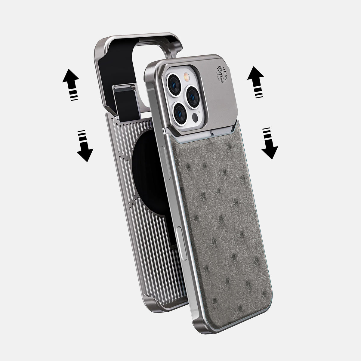 Grey iPhone 16 Pro Cyber Case Ostrich with Steel -2 | Grey-Steel