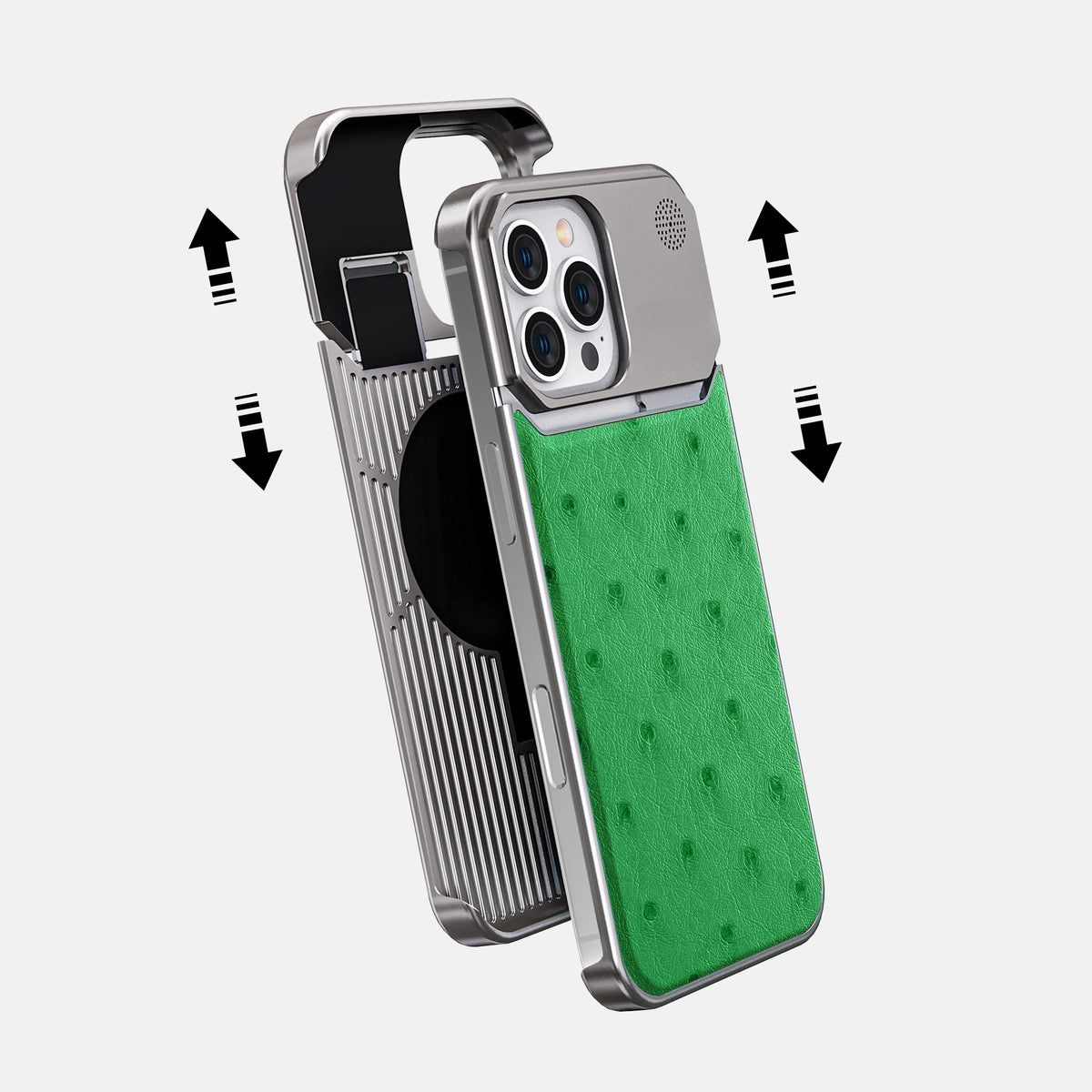Kentucky Green iPhone 16 Pro Cyber Case Ostrich with Steel -2 | Kentucky-Green-Steel