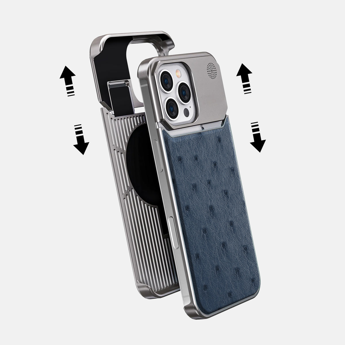Navy-Blue iPhone 16 Pro Cyber Case Ostrich with Steel -2 | Navy-Blue-Steel