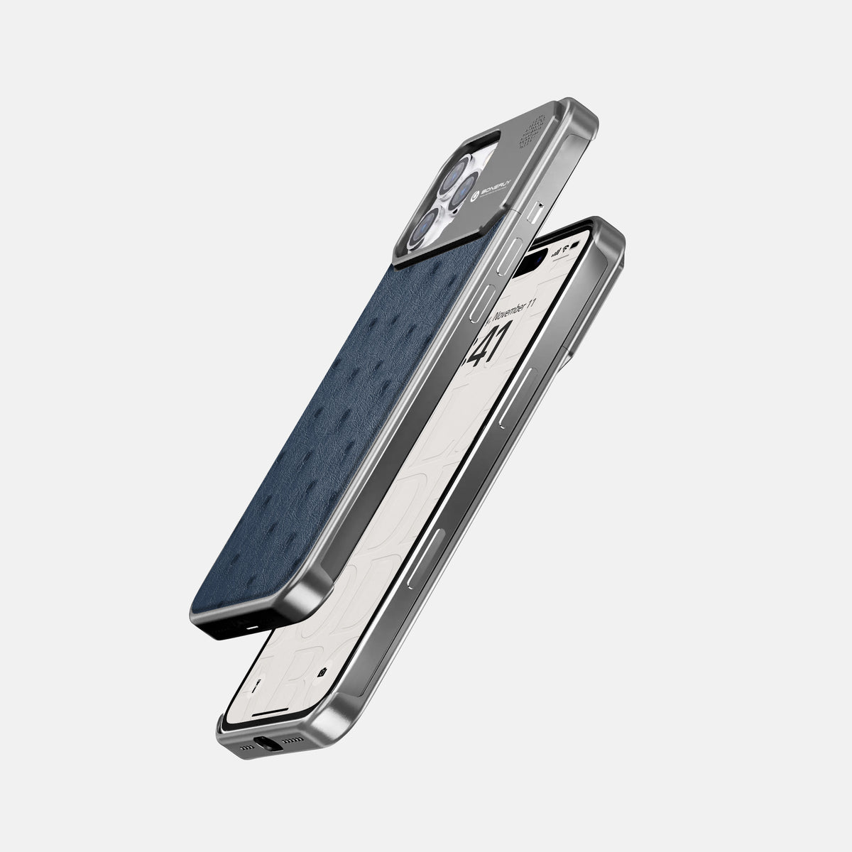 Navy-Blue iPhone 16 Pro Cyber Case Ostrich with Steel -5 | Navy-Blue-Steel