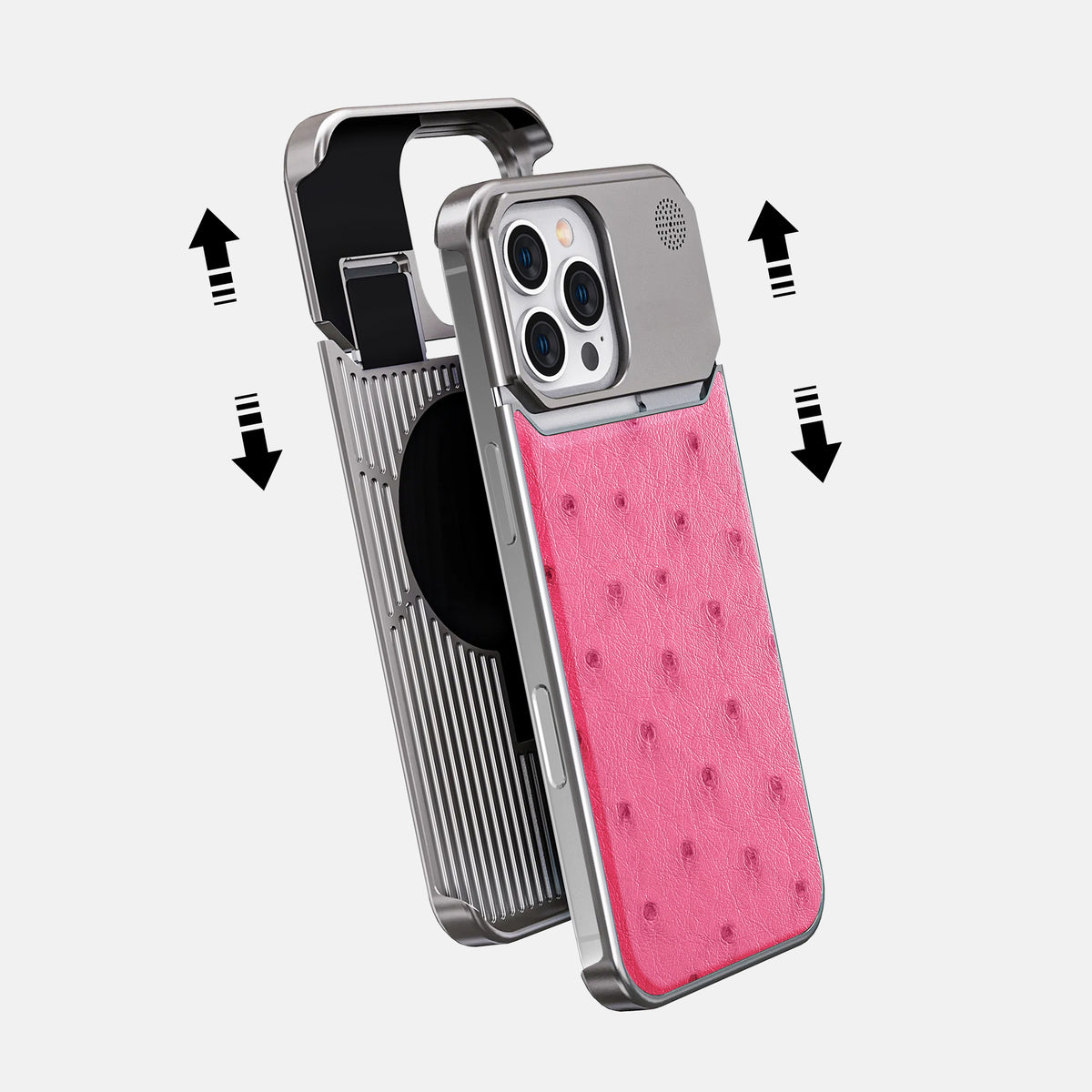 Pink iPhone 16 Pro Cyber Case Ostrich with Steel -2 | Pink-Steel