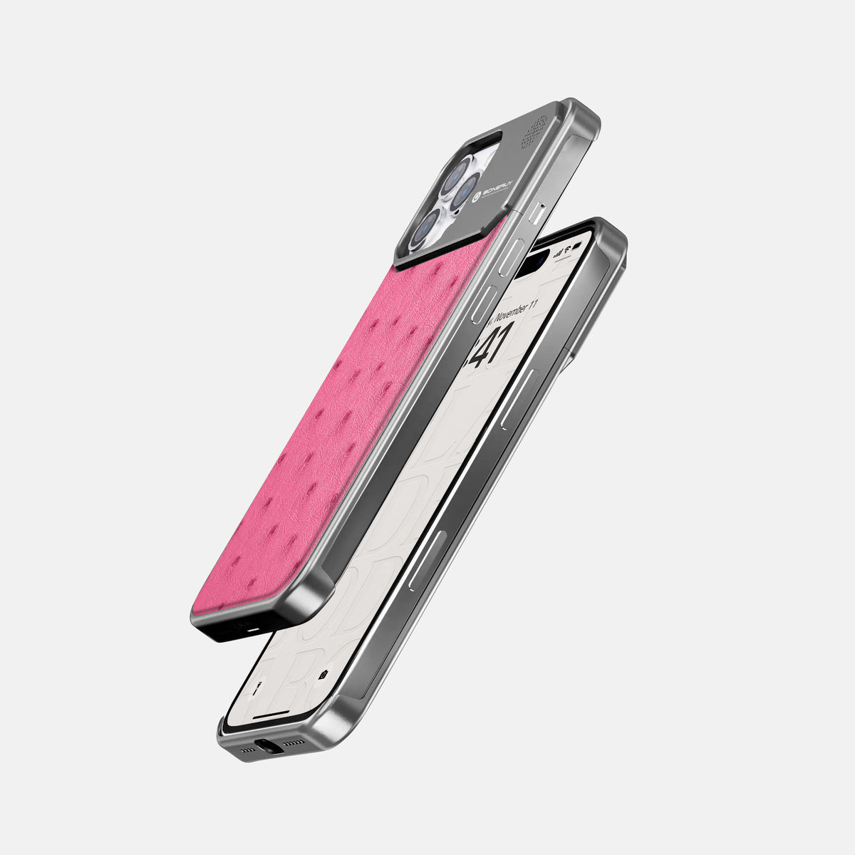 Pink iPhone 16 Pro Cyber Case Ostrich with Steel -5 | Pink-Steel
