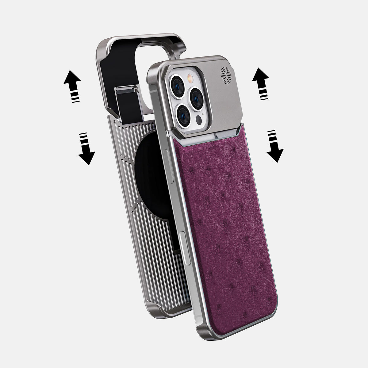 Purple iPhone 16 Pro Cyber Case Ostrich with Steel -2 | Purple-Steel