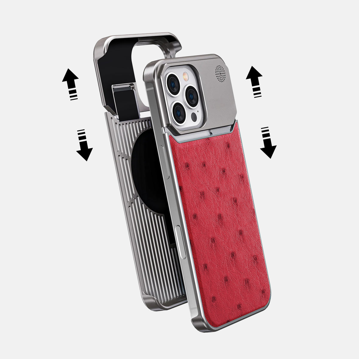 Red iPhone 16 Pro Cyber Case Ostrich with Steel -2 | Red-Steel