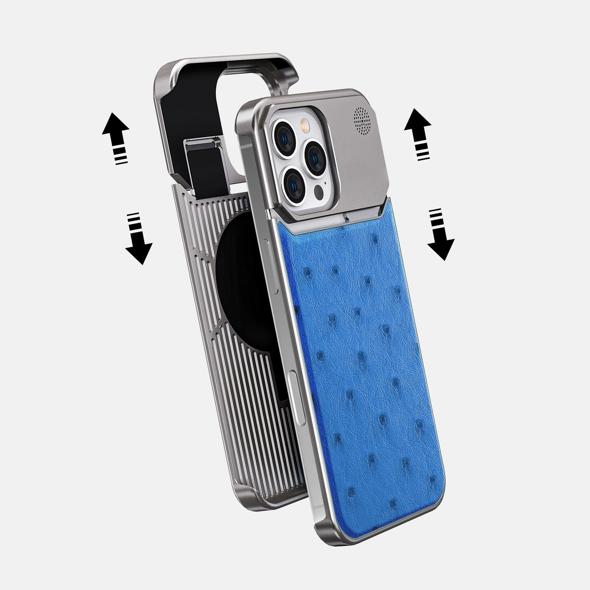 Royal-Blue iPhone 16 Pro Cyber Case Ostrich with Steel -2 | Royal-Blue-Steel