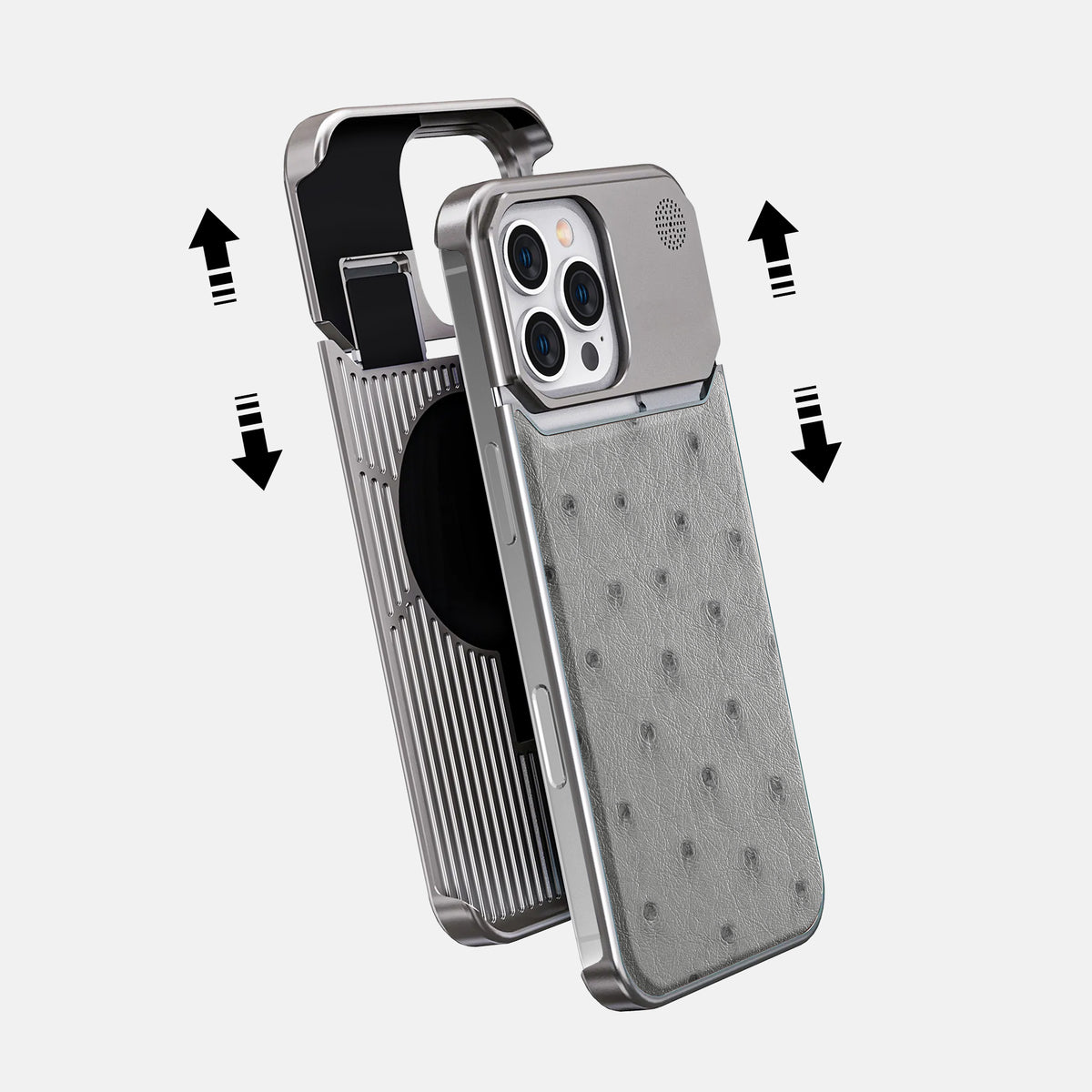 Silver iPhone 16 Pro Cyber Case Ostrich with Steel -2 | Silver-Steel