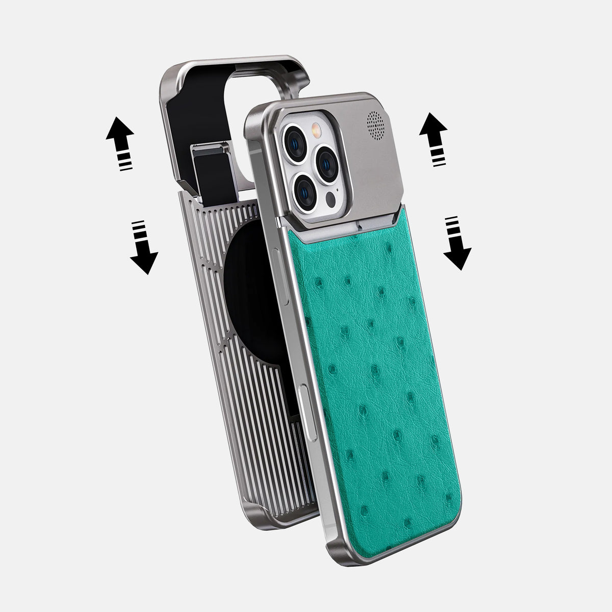 Turquoise iPhone 16 Pro Cyber Case Ostrich with Steel -2 | Turquoise-Steel