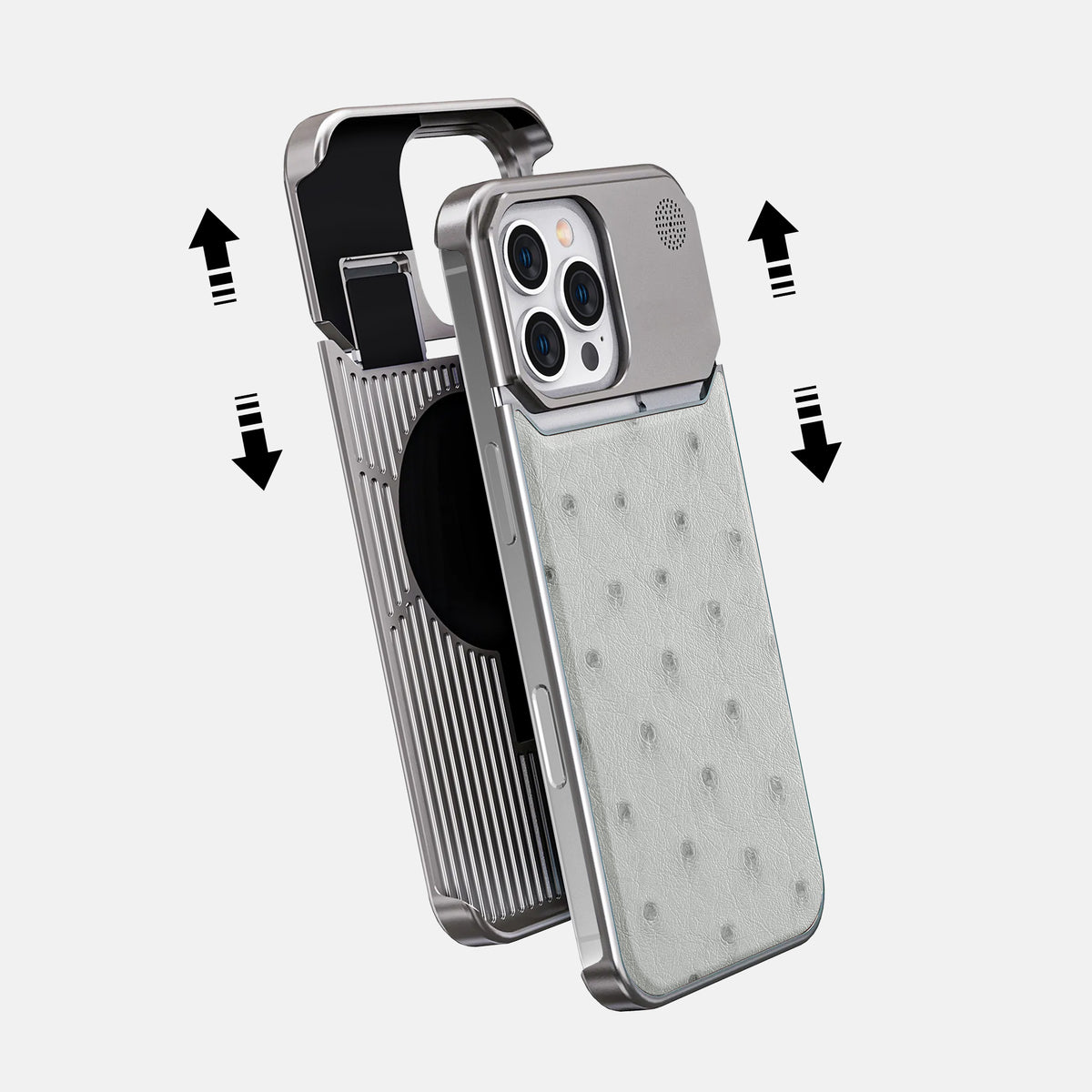 White iPhone 16 Pro Cyber Case Ostrich with Steel -2 | White-Steel