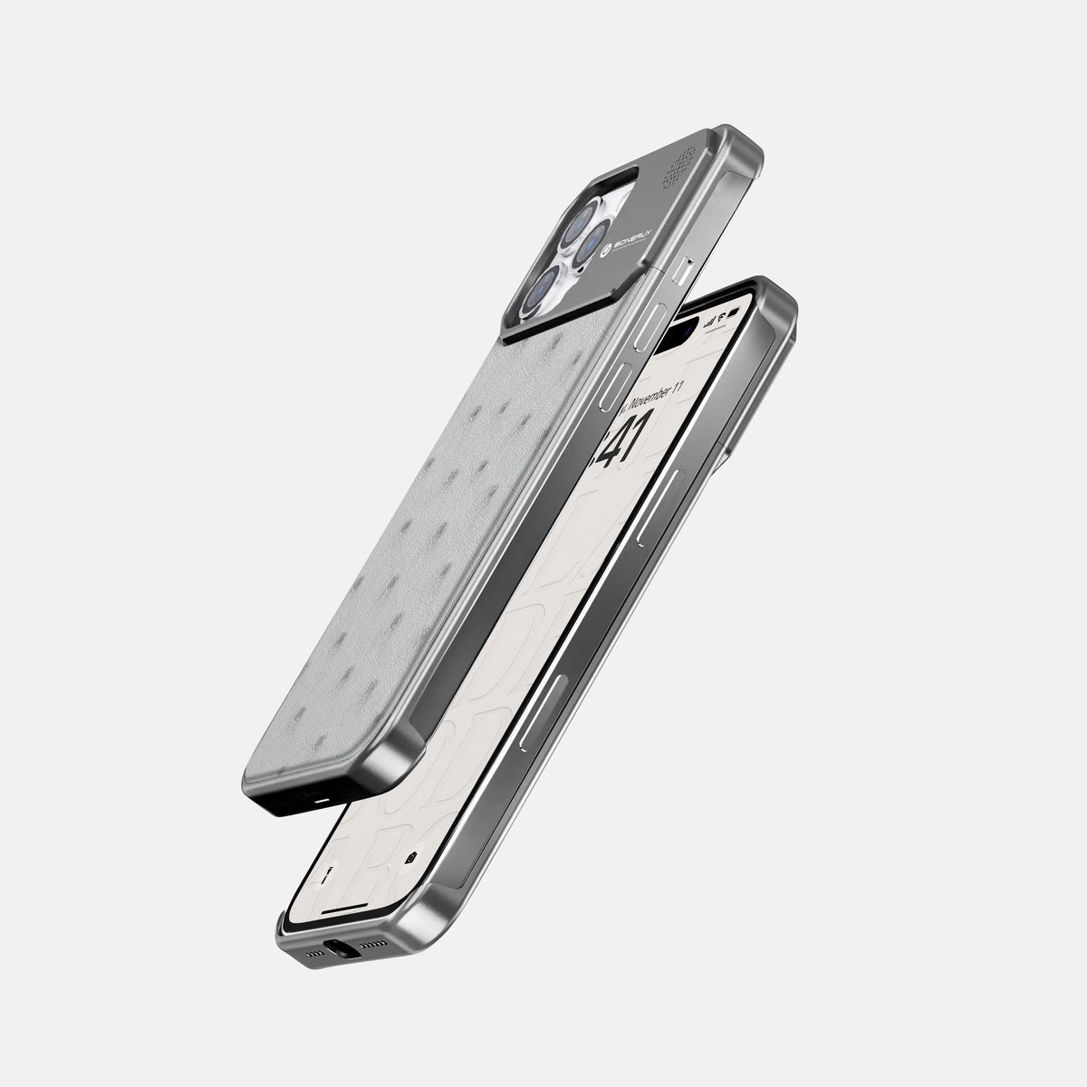 White iPhone 16 Pro Cyber Case Ostrich with Steel -5 | White-Steel