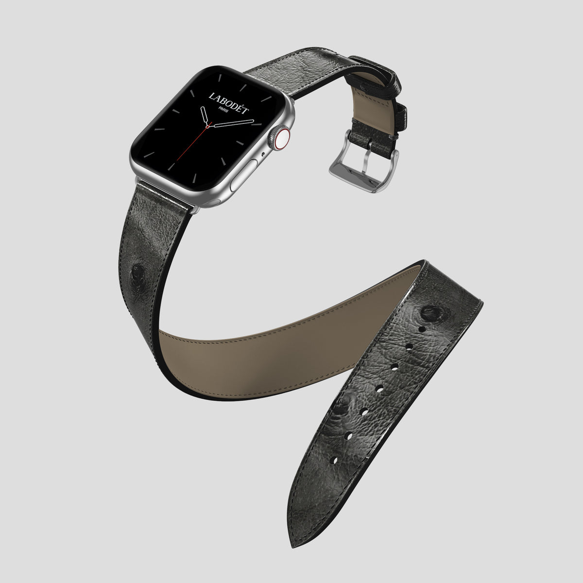 Black Apple Watch 42mm Double Strap Ostrich with Steel Metal -3 | Black-Steel