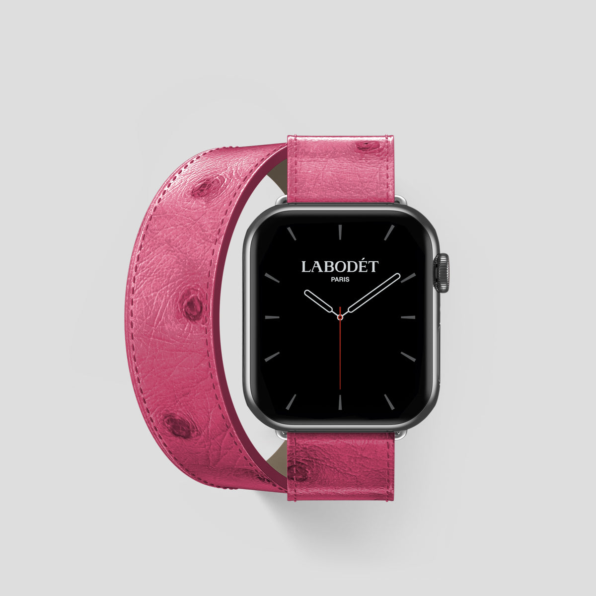 Pink Apple Watch 42mm Double Strap Ostrich with Steel Metal -1 | Pink-Steel