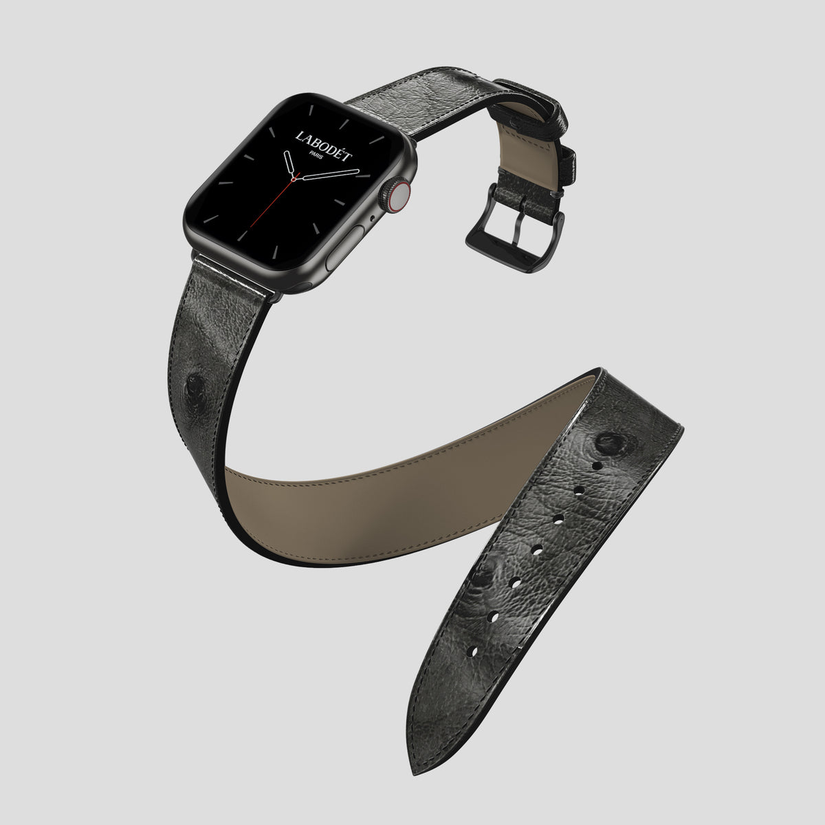 Black Apple Watch 46mm Double Strap Ostrich with Black Metal -3 | Black-Black