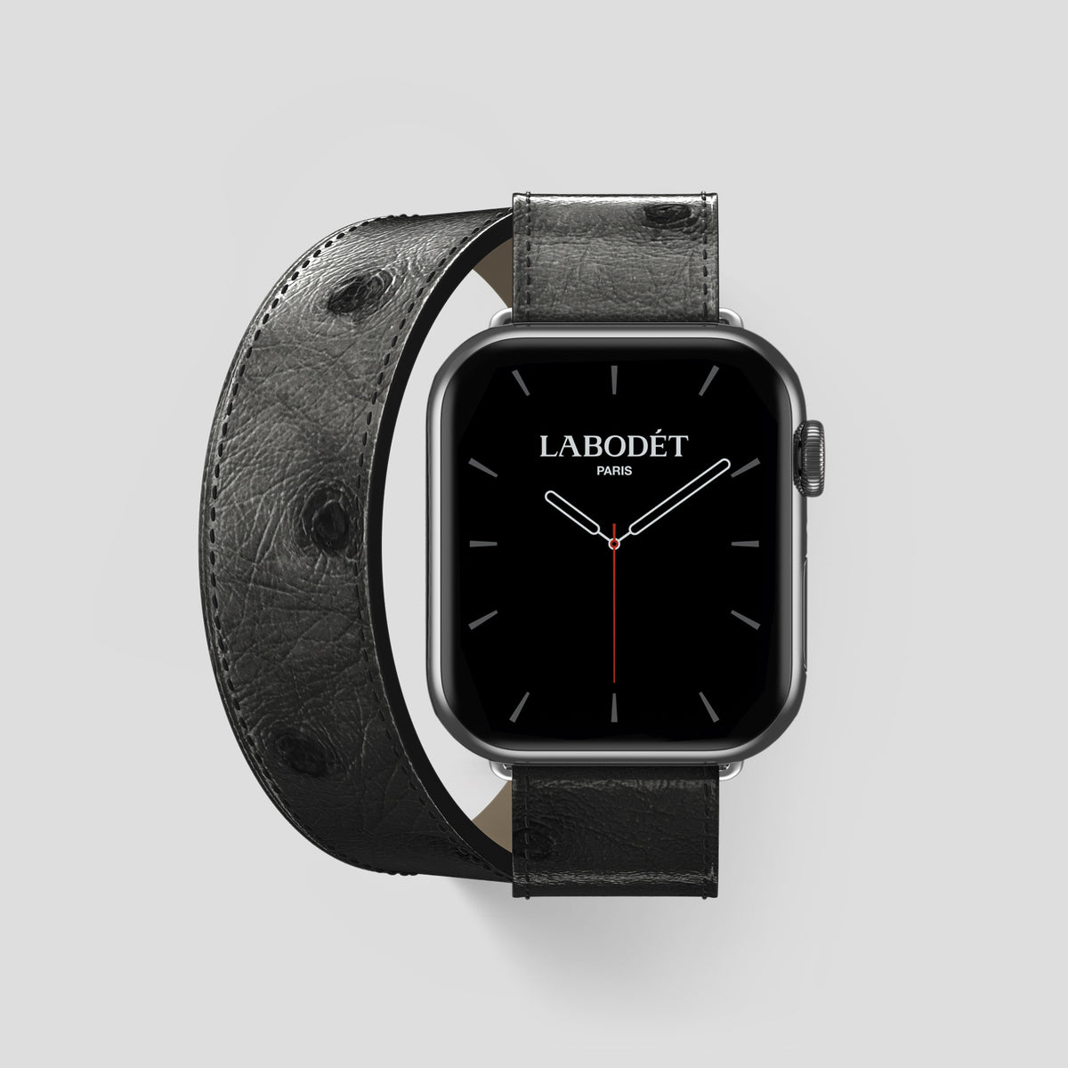 Black Apple Watch 46mm Double Strap Ostrich with Steel Metal -1 | Black-Steel