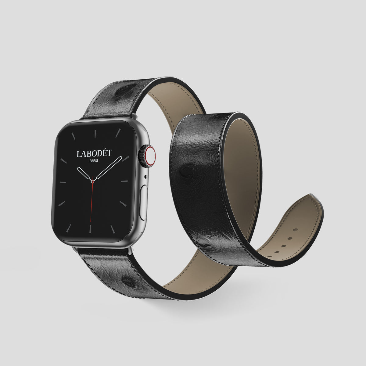 Black Apple Watch 46mm Double Strap Ostrich with Steel Metal -2 | Black-Steel