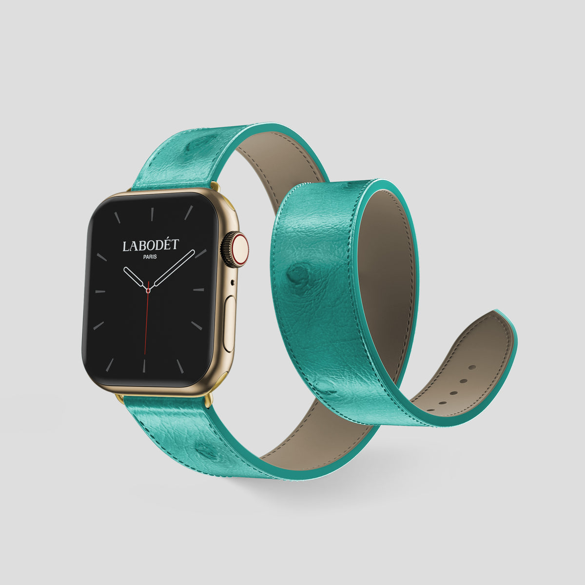 Turquoise Apple Watch 46mm Double Strap Ostrich with Gold Metal -2 | Turquoise-Gold