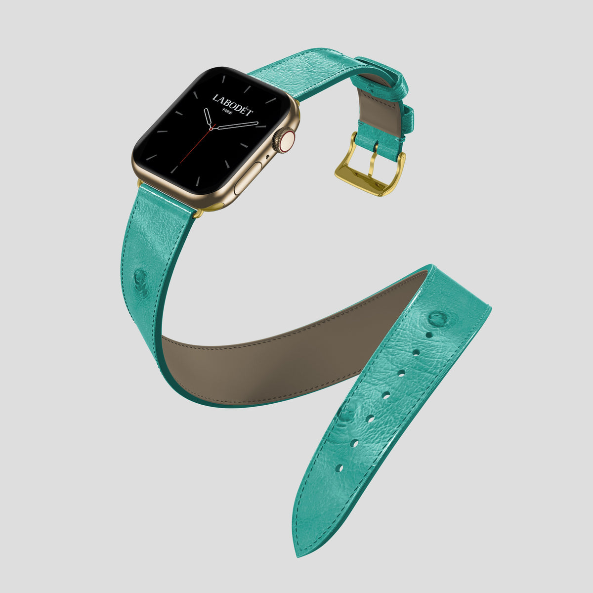 Turquoise Apple Watch 46mm Double Strap Ostrich with Gold Metal -3 | Turquoise-Gold