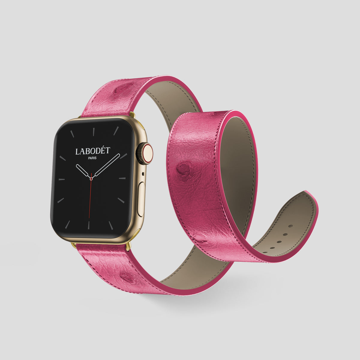 Pink Apple Watch 46mm Double Strap Ostrich with Gold Metal -2 | Pink-Gold