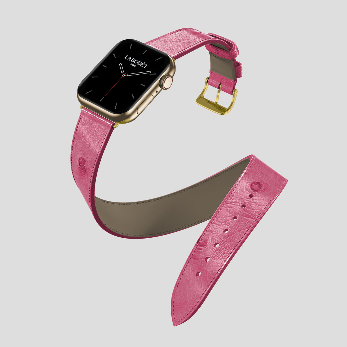 Pink Apple Watch 46mm Double Strap Ostrich with Gold Metal -3 | Pink-Gold