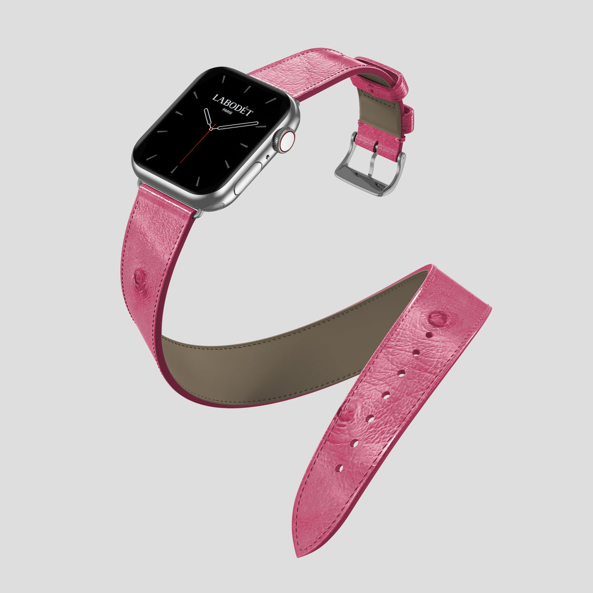 Pink Apple Watch 46mm Double Strap Ostrich with Steel Metal -3 | Pink-Steel