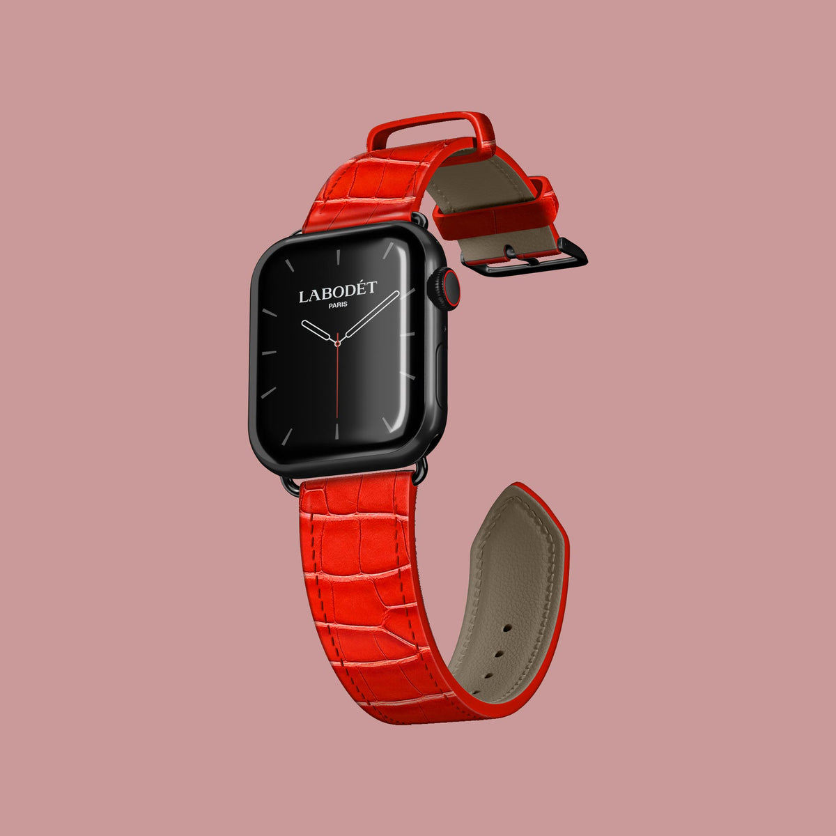 Deep-Coral Apple Watch Strap Classic 42 1/1 Alligator with Black Metal -1 | Deep-Coral-Black