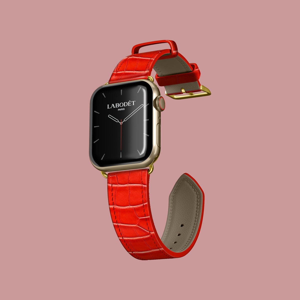 Deep-Coral Apple Watch Strap Classic 42 1/1 Alligator with Gold Metal -1 | Deep-Coral-Gold
