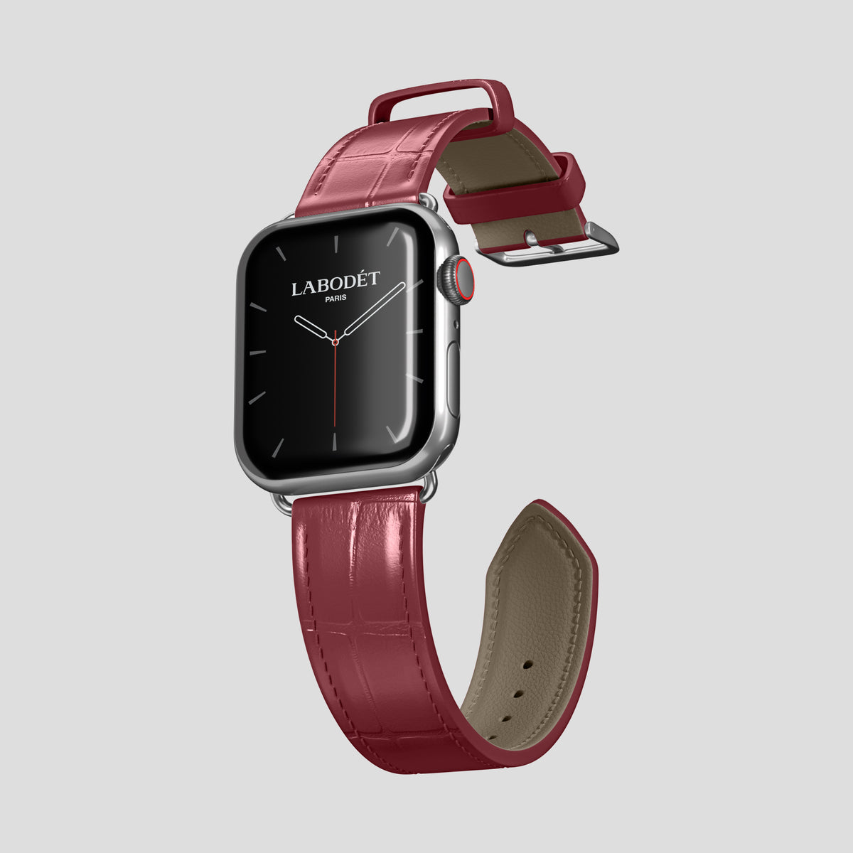 Burgundy Classic Strap For Apple Watch 46mm In Alligator with Steel Metal -3 | Burgundy-Steel