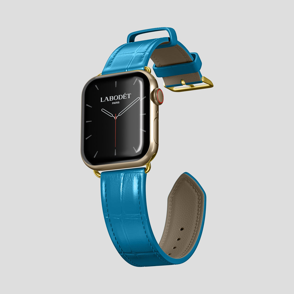 Curaçao-Blue Classic Strap For Apple Watch 46mm In Alligator with Gold Metal -3 | Curaçao-Blue-Gold