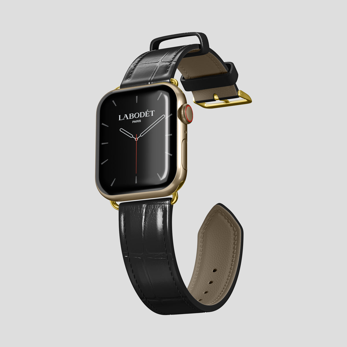 Black Classic Strap For Apple Watch 46mm In Alligator with Gold Metal -3 | Black-Gold