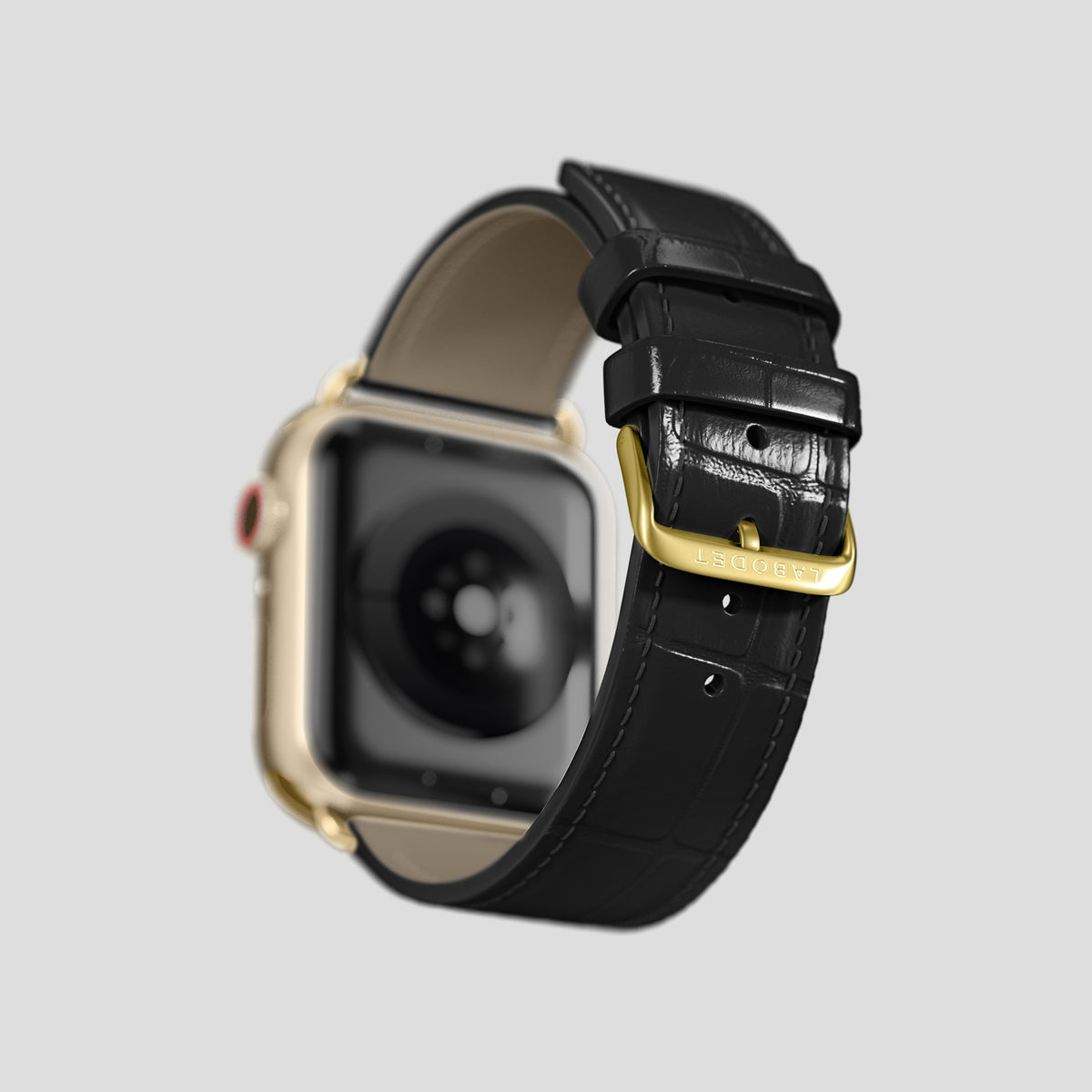 Black Classic Strap For Apple Watch 46mm In Alligator with Gold Metal -4 | Black-Gold
