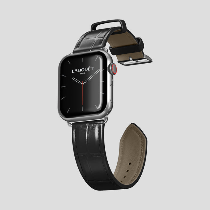 Black Classic Strap For Apple Watch 46mm In Alligator with Steel Metal -3 | Black-Steel