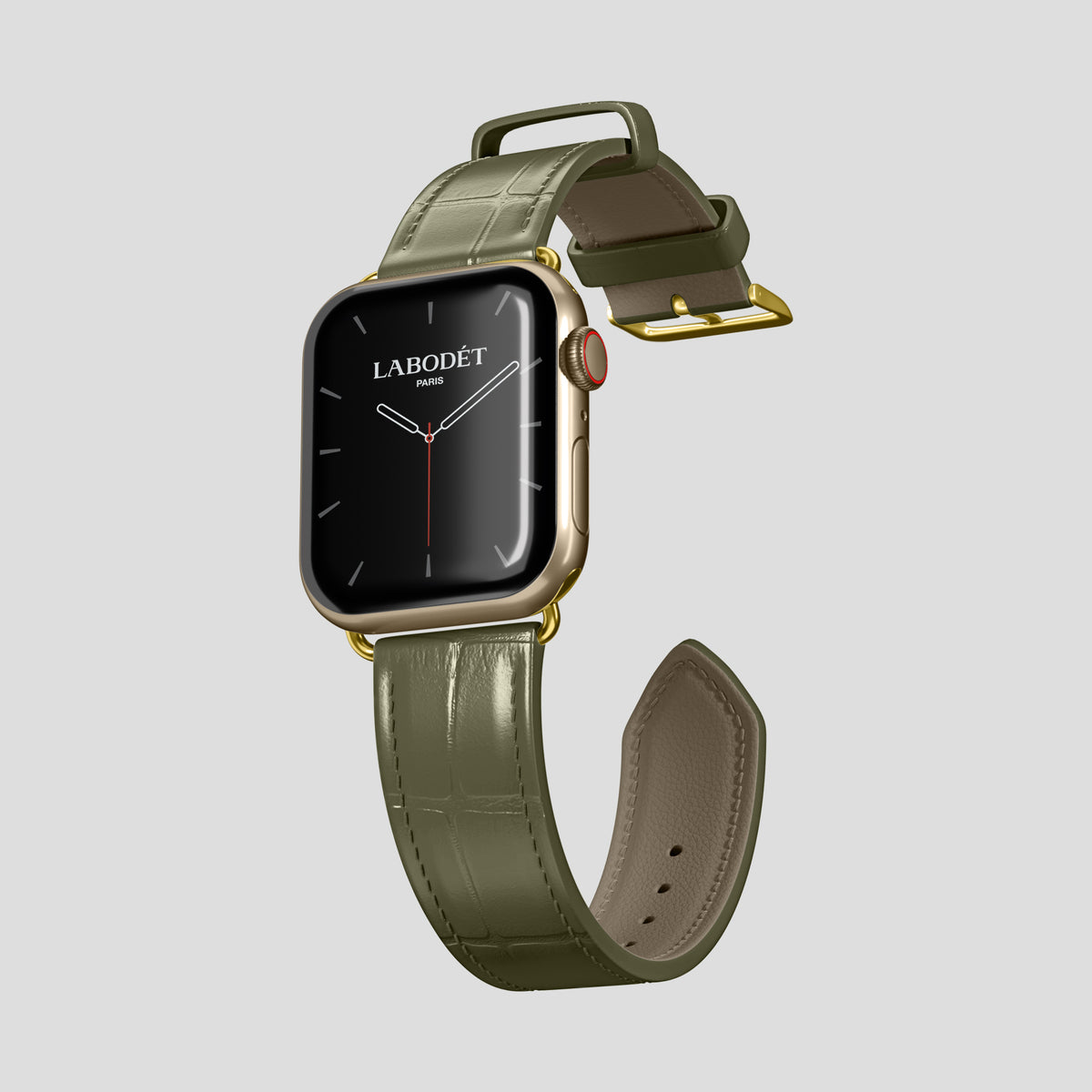 Kaki-Green Classic Strap For Apple Watch 46mm In Alligator with Gold Metal -3 | Kaki-Green-Gold