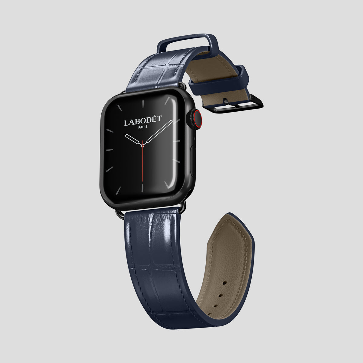 Navy Blue Classic Strap For Apple Watch 46mm In Alligator with Black Metal -3 | Navy-Blue-Black