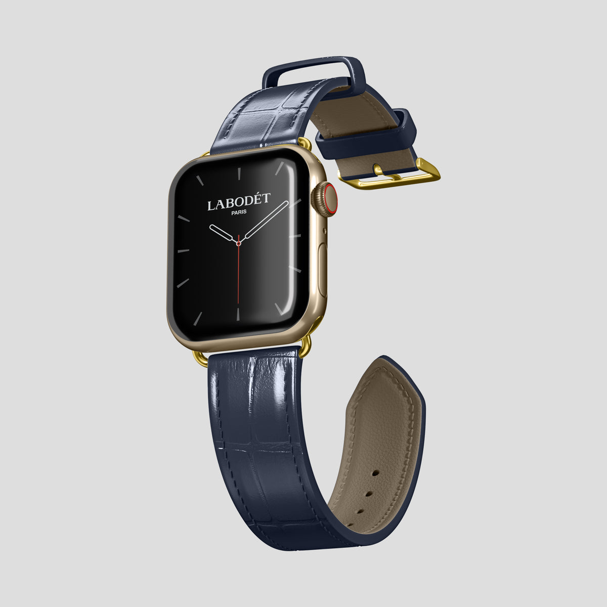 Navy Blue Classic Strap For Apple Watch 46mm In Alligator with Gold Metal -3 | Navy-Blue-Gold