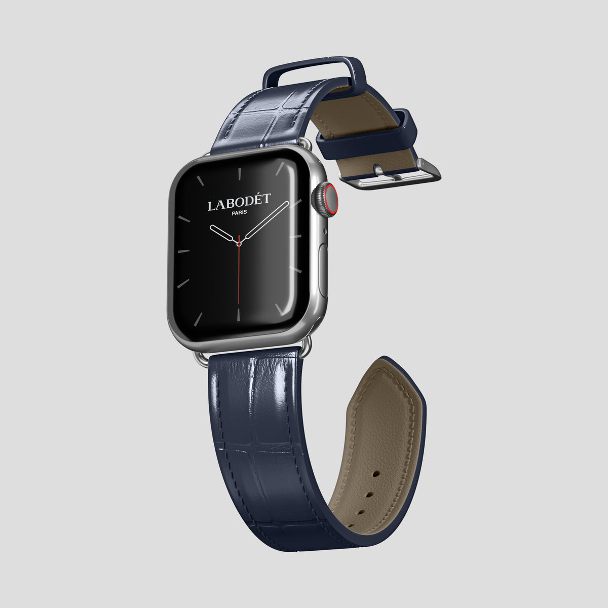 Navy Blue Classic Strap For Apple Watch 46mm In Alligator with Steel Metal -3 | Navy-Blue-Steel