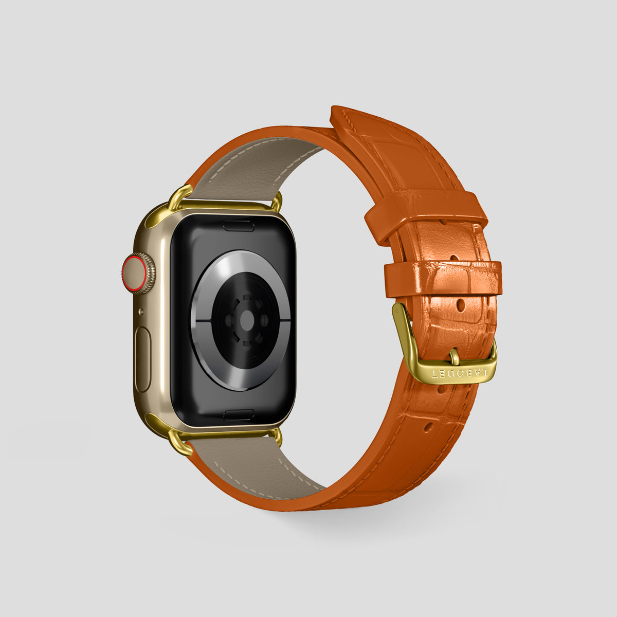 Orange Classic Strap For Apple Watch 46mm In Alligator with Gold Metal -2 | Orange-Gold