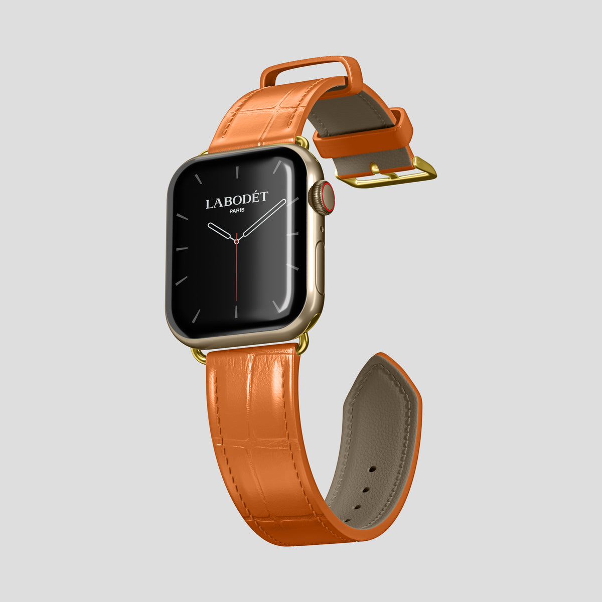 Orange Classic Strap For Apple Watch 46mm In Alligator with Gold Metal -3 | Orange-Gold
