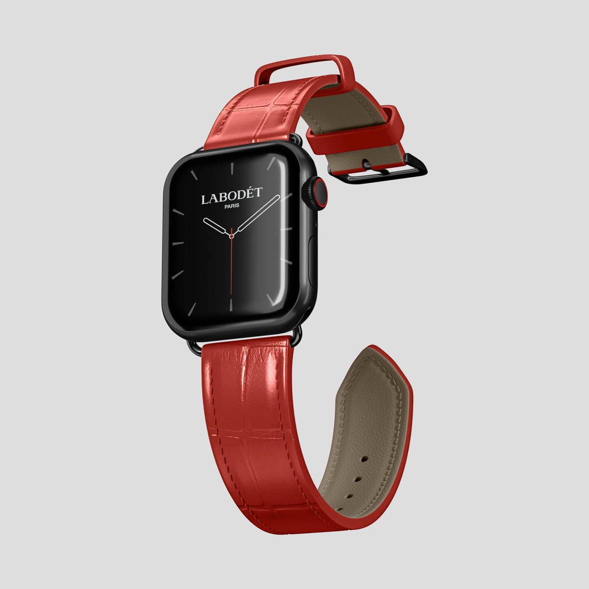 Red Classic Strap For Apple Watch 46mm In Alligator with Black Metal -3 | Red-Black