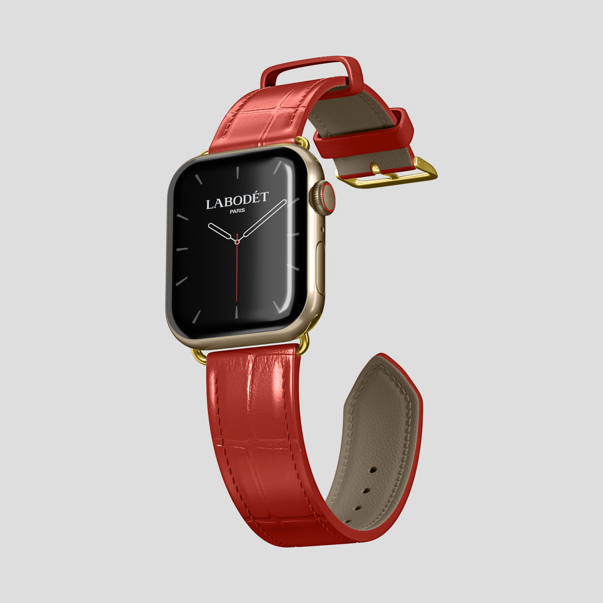 Red Classic Strap For Apple Watch 46mm In Alligator with Gold Metal -3 | Red-Gold