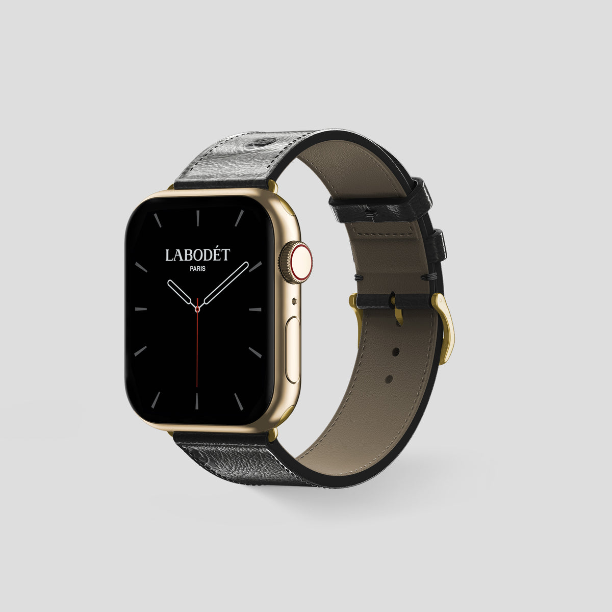 Black Apple Watch 46mm Classic Strap Ostrich with Gold Metal -6 | Black-Gold