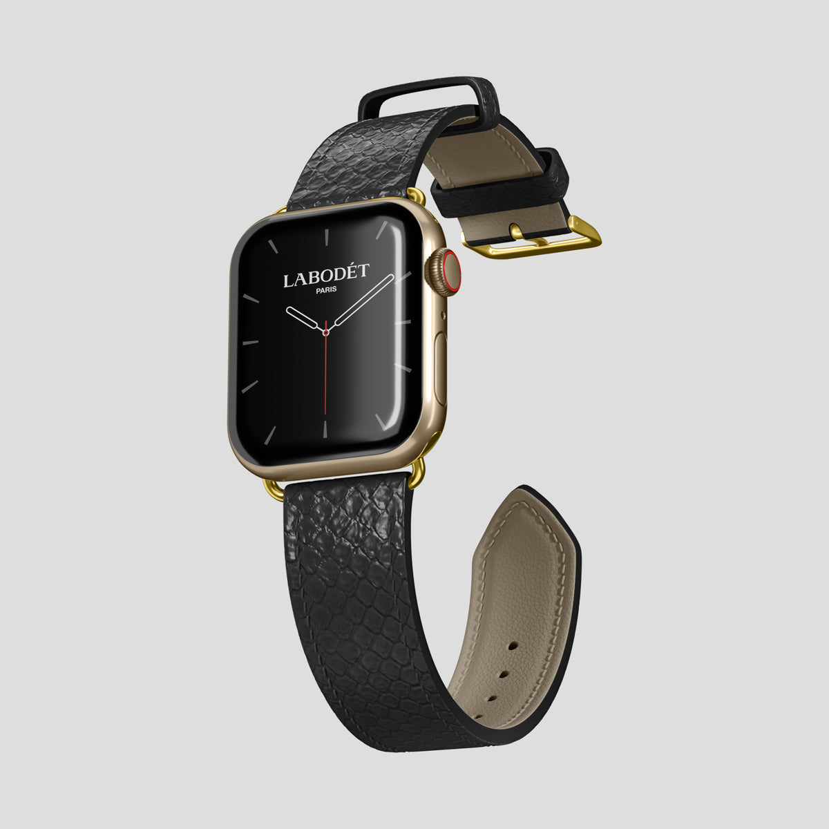 Black Apple Watch 46mm Classic Strap In Python with Gold Metal -3 | Black-Gold
