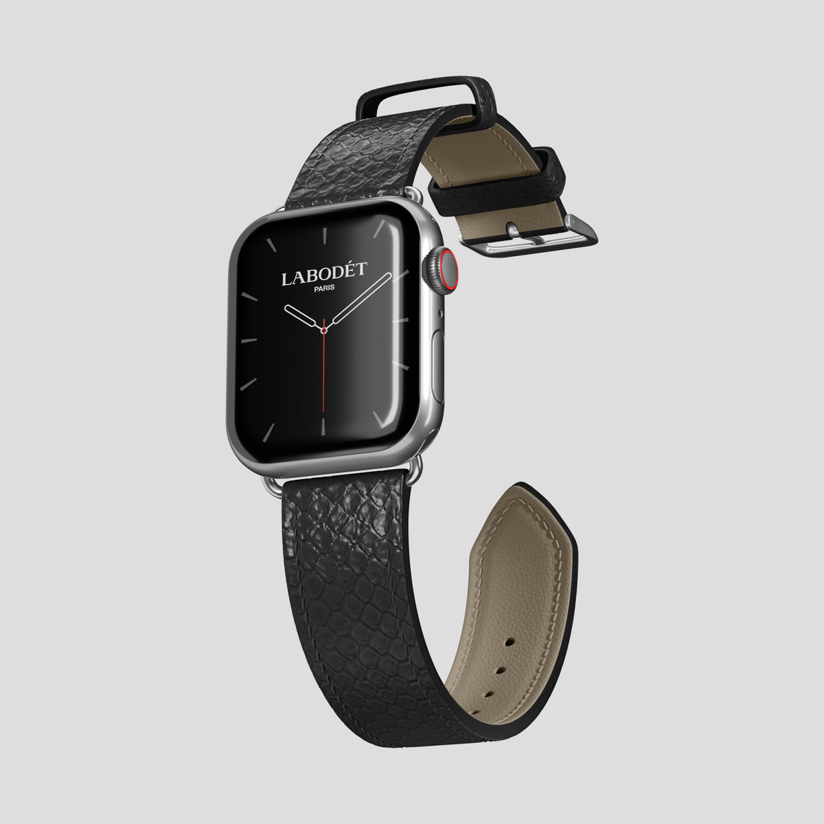 Black Apple Watch 46mm Classic Strap In Python with Steel Metal -3 | Black-Steel