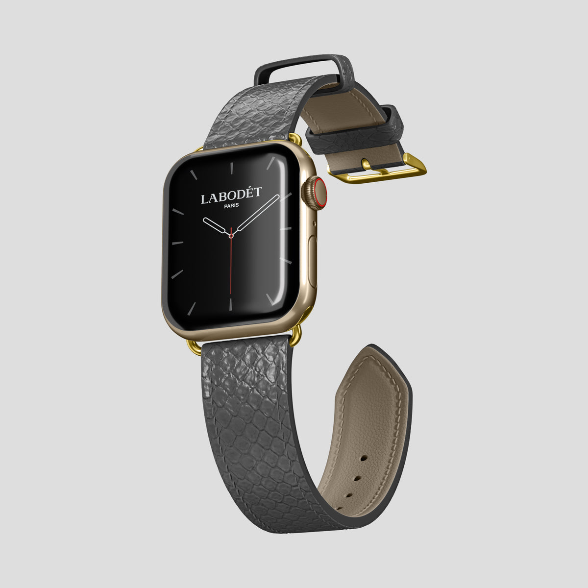 Grey Apple Watch 46mm Classic Strap In Python with Gold Metal -3 | Grey-Gold