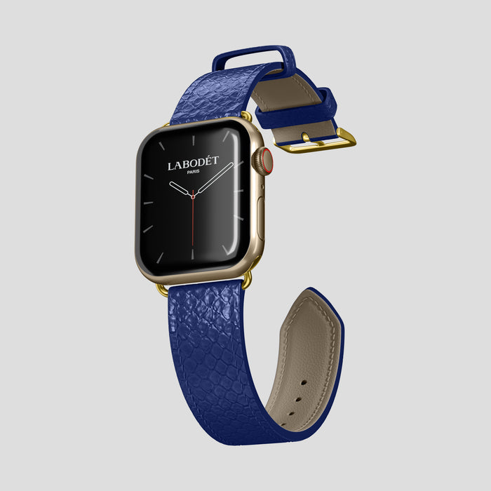 Royal Blue Apple Watch 46mm Classic Strap In Python with Gold Metal -3 | Royal-Blue-Gold