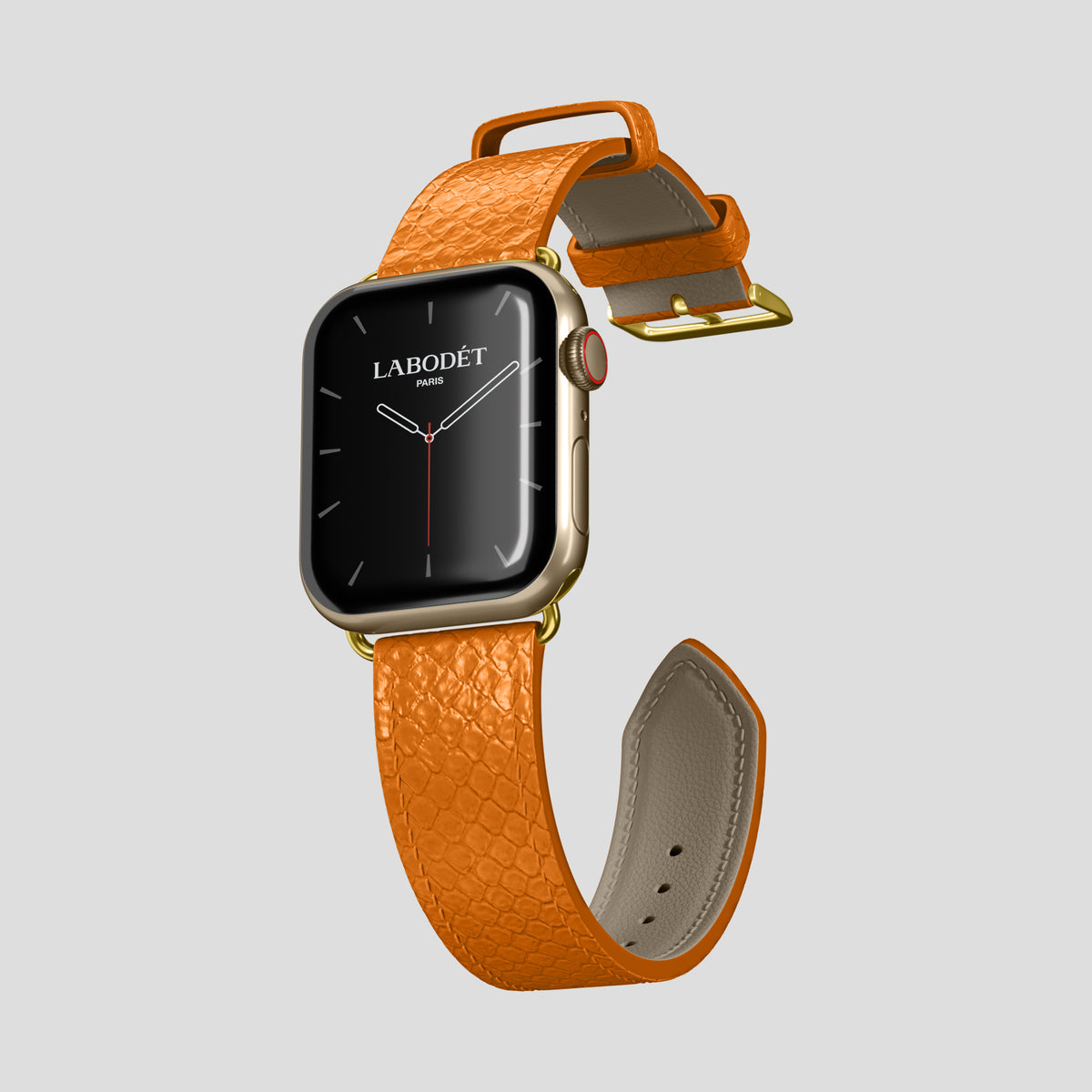 Orange Apple Watch 46mm Classic Strap In Python with Gold Metal -3 | Orange-Gold
