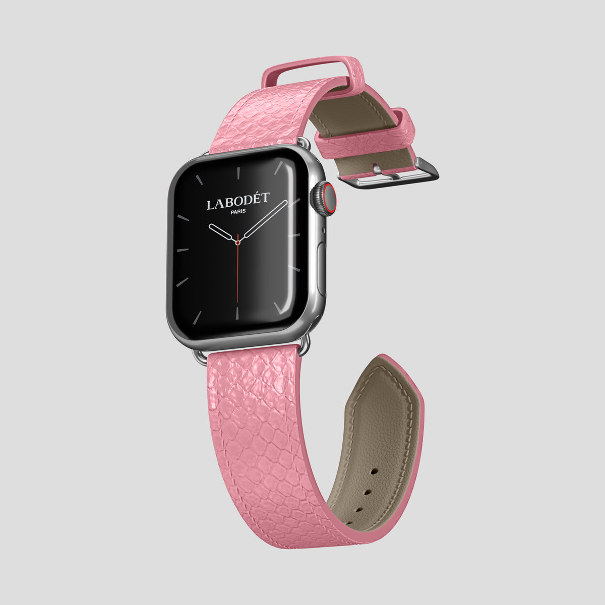 Pink Apple Watch 46mm Classic Strap In Python with Steel Metal -3 | Pink-Steel