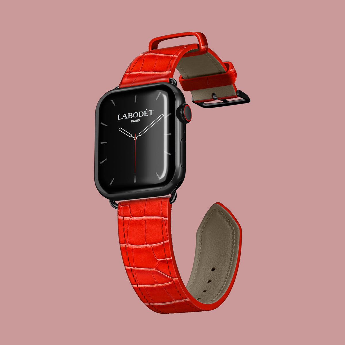 Deep-Coral Apple Watch Strap Classic 46 1/1 Alligator with Black Metal -1 | Deep-Coral-Black