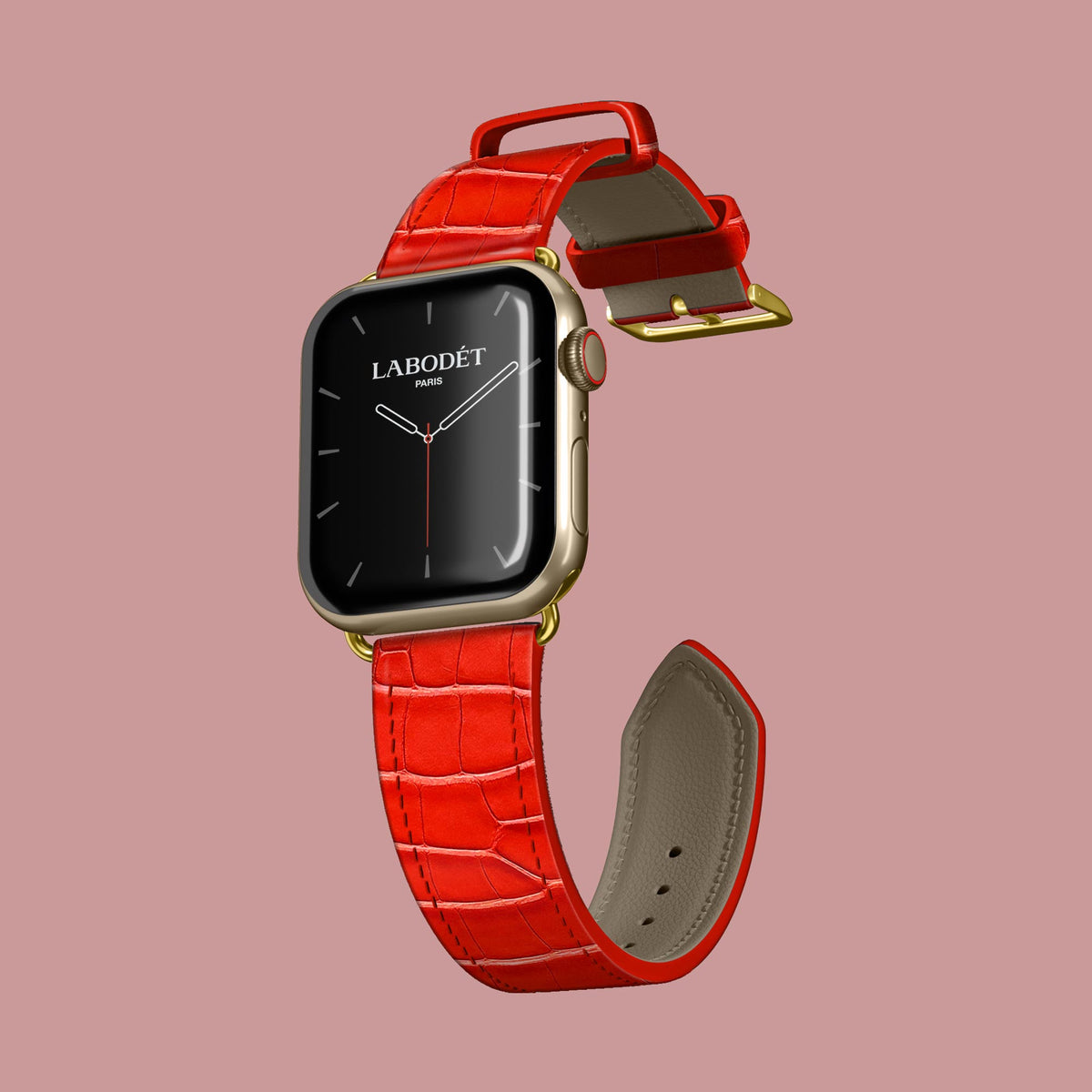 Deep-Coral Apple Watch Strap Classic 46 1/1 Alligator with Gold Metal -1 | Deep-Coral-Gold