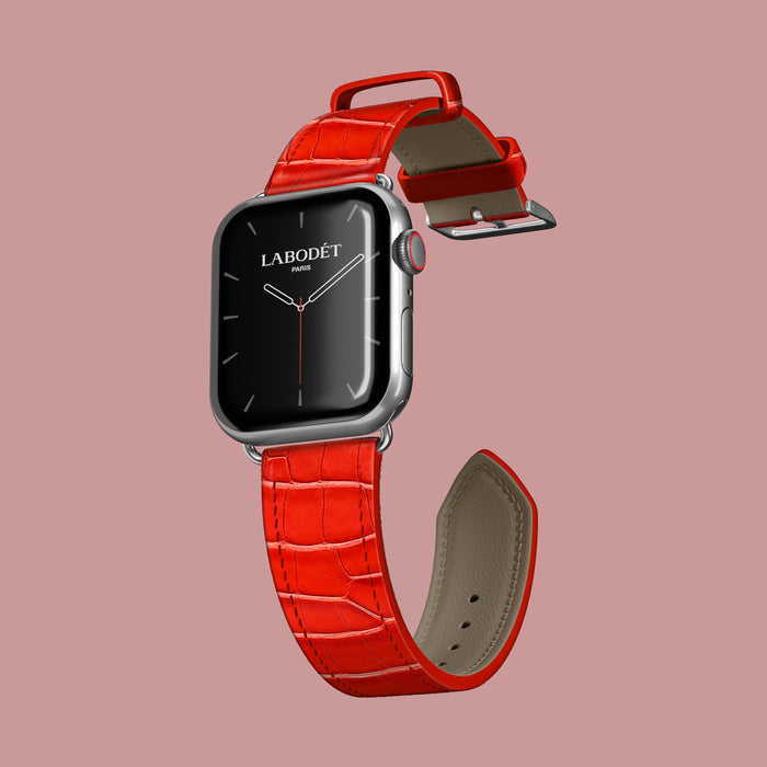 Deep-Coral Apple Watch Strap Classic 46 1/1 Alligator with Steel Metal -1 | Deep-Coral-Steel