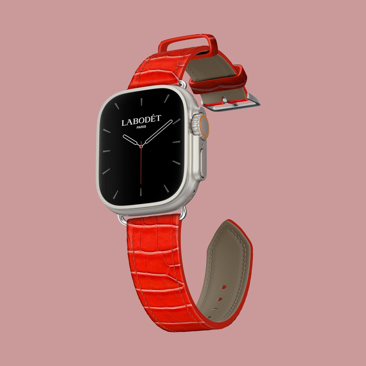 Deep-Coral Apple Watch Strap Classic 49 Ultra 1/1 Alligator with Steel Metal -1 | Deep-Coral-Steel