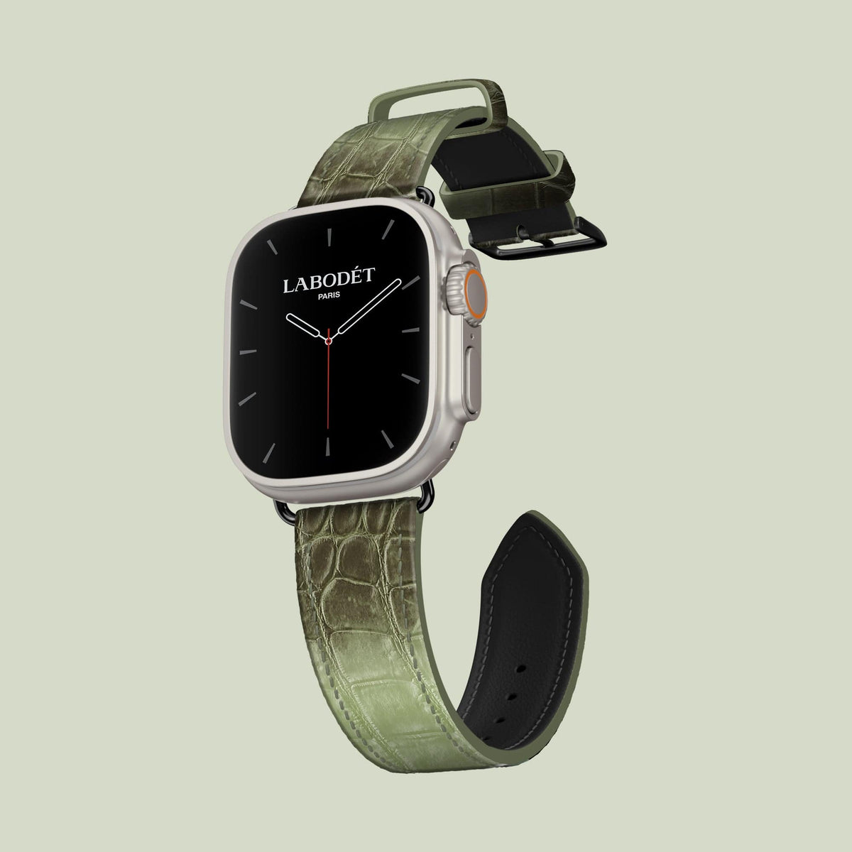 Classic Strap Celadon Green For Apple Watch Ultra 49mm In Himalayan Crocodile with Black Metal -1 | Celadon-Green-Black